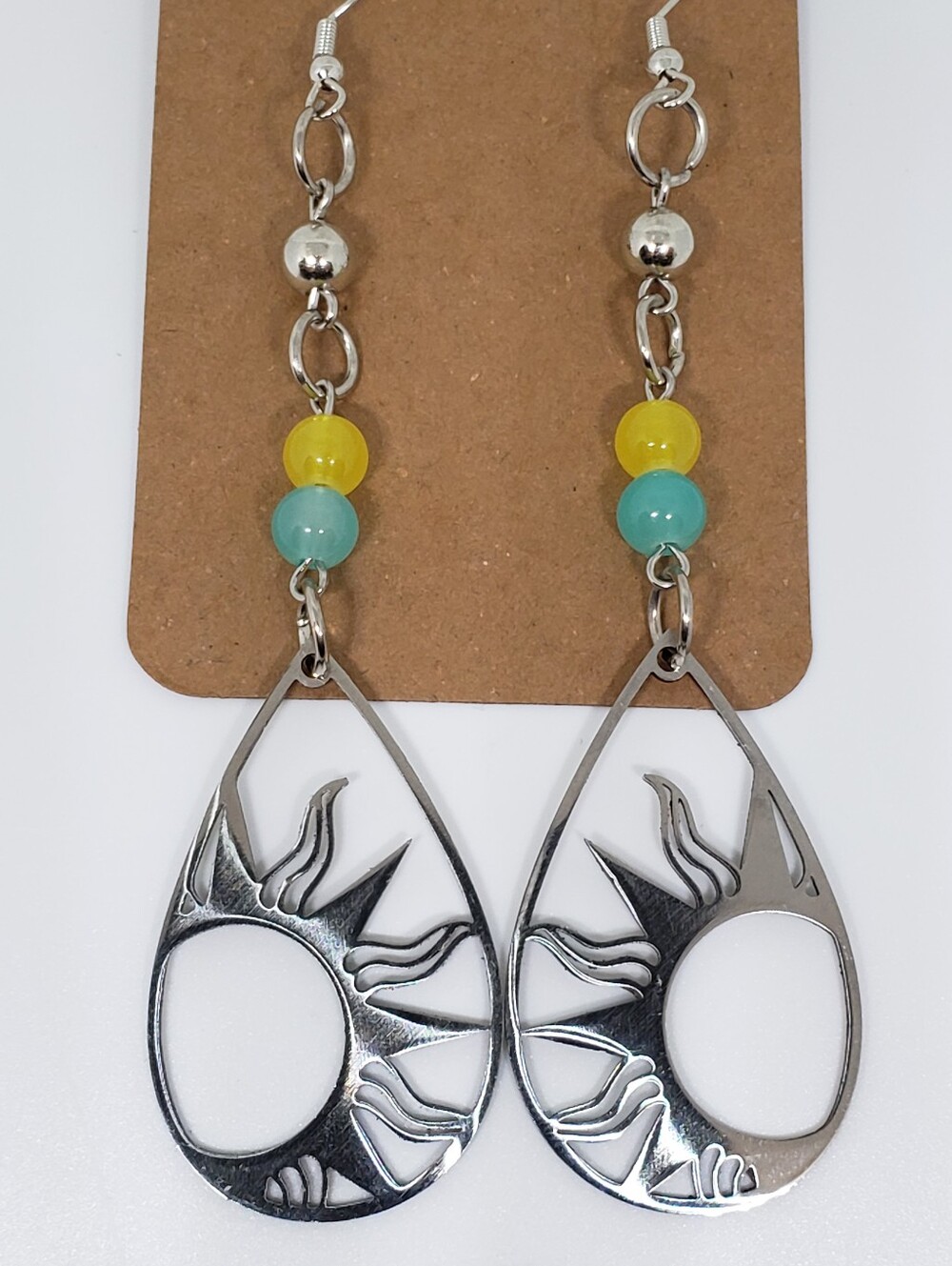 Handmade Beaded Glass Metal Boho Celestial Sun Dangle Earrings